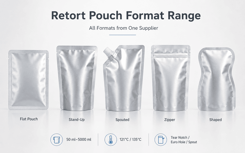 Format line-up showing stand-up, flat, flat-bottom, and spouted retort pouches side by side