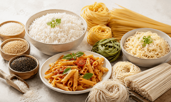 Pre-cooked rice and noodle retort pouches for heat-and-eat convenience
