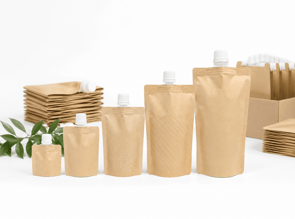 HP Indigo digital print kraft stand up spout pouches multi-SKU run scaling to full container