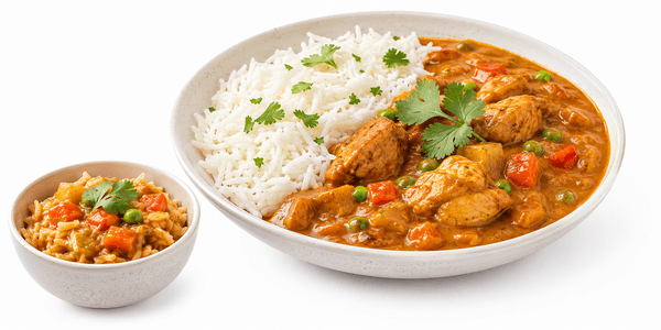 Curry rice meal in stand-up retort pouch on supermarket shelf