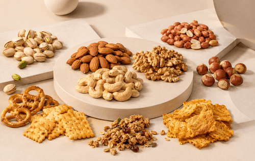 Snack and nut recyclable flat bottom pouch series with different printed flavors