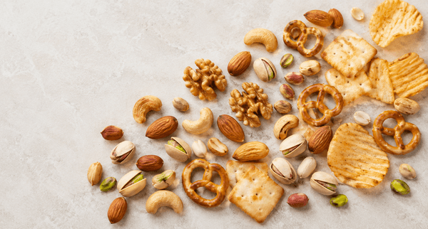 Stand-up recyclable PE pouch for roasted nuts and snacks on retail shelf