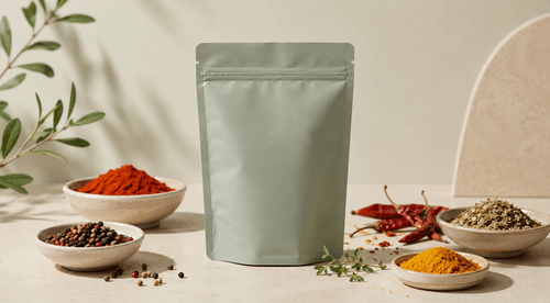 Small resealable recyclable spice pouch with aromatic seasoning spilling onto a kitchen counter