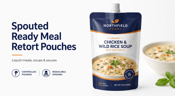 Spouted ready meal retort pouch for soup and liquid meal applications