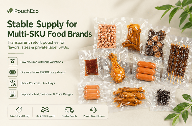 Stable supply for multi-SKU food brands -- transparent retort pouch in factory or retail environment