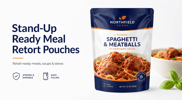 Stand-up ready meal retort pouch with tear notch and printed artwork
