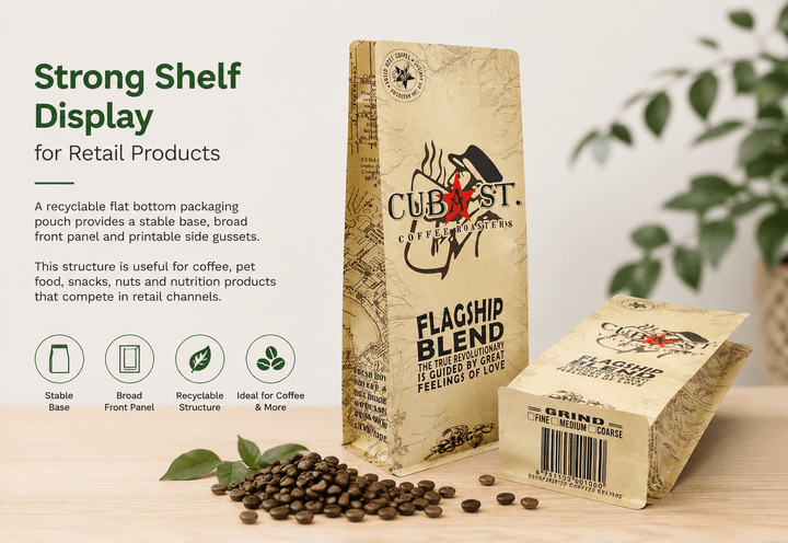 Retail shelf display with recyclable coffee, snack and pet food flat bottom pouches