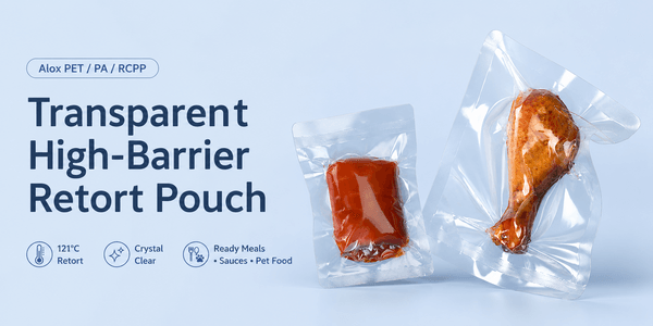 Semi-transparent Mono-PP retort pouch with subtle metallic AlOx sheen in sustainability-styled studio shot