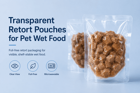 Transparent retort pouches for pet wet food isolated on white background