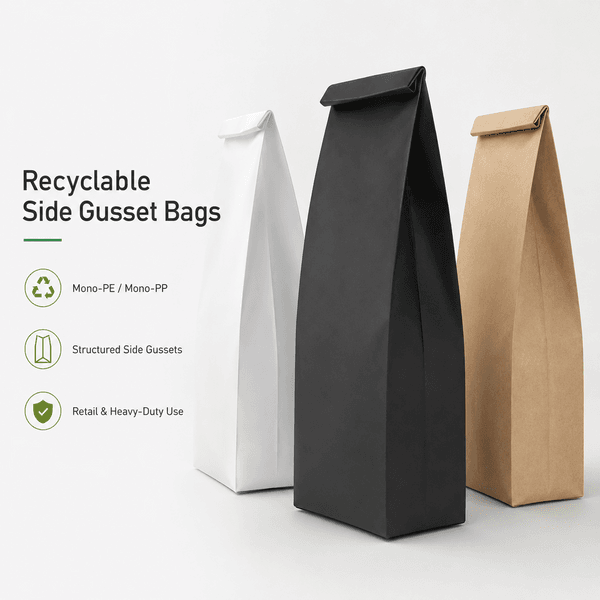 Illustration explaining what recyclable side gusset bags are, showing the mono-material structure and expandable side panels