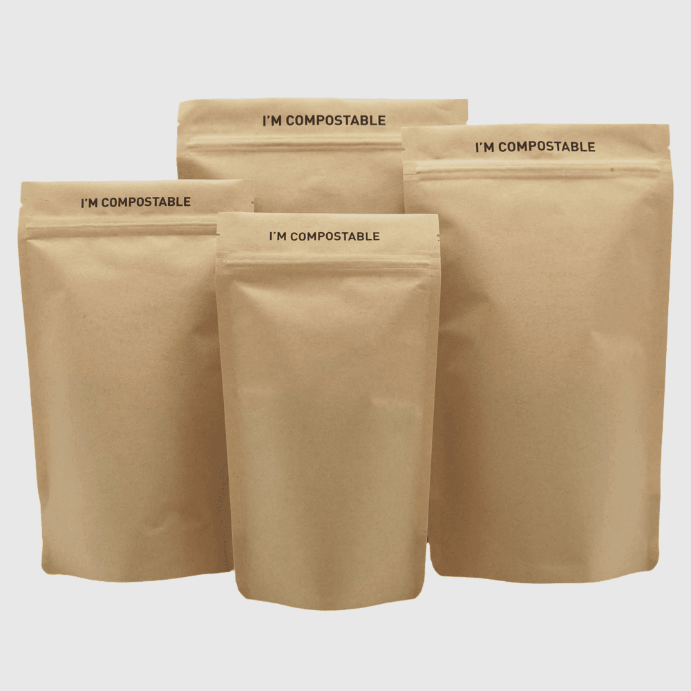 Compostable shaped pouch close-up showing matte finish and tactile spot varnish detail