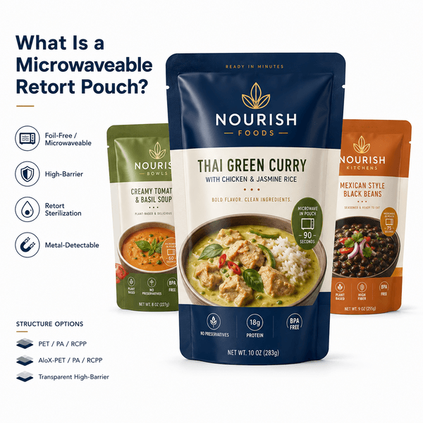 Cutaway diagram of a foil-free microwaveable retort pouch showing PET / NY / RCPP layer structure