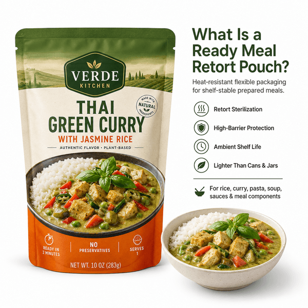 Stand-up ready meal retort pouch with tear notch and printed artwork