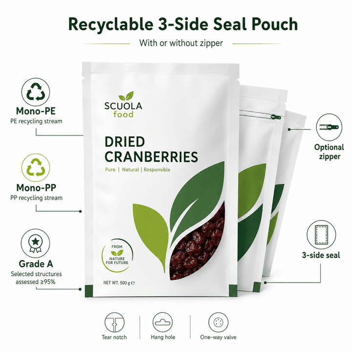 Close-up of a flat recyclable 3-side seal pouch on white surface showing top, left and right seal lines with optional press-to-close zipper