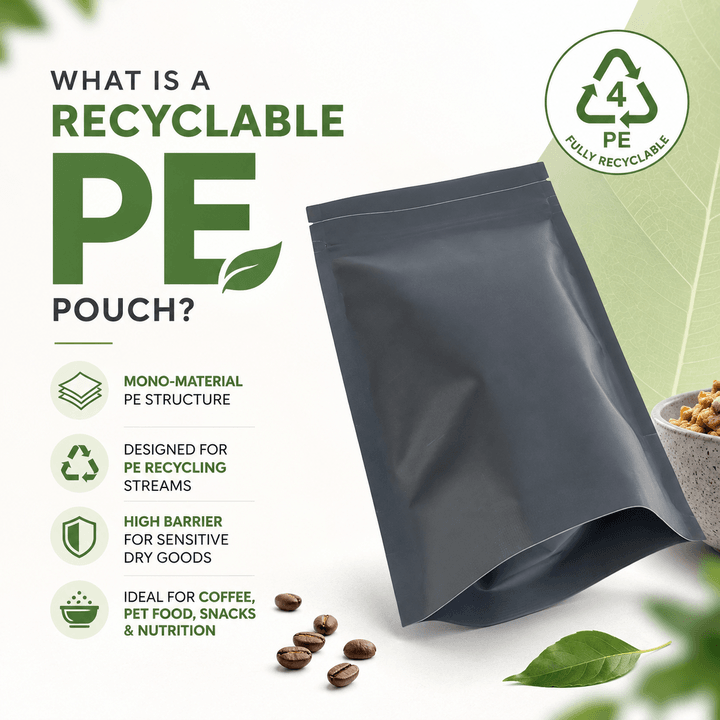 Mono-PE recyclable stand-up pouch close-up with resealable zipper detail