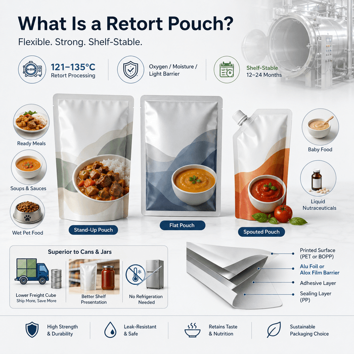 Cross-section illustration and lifestyle image of retort pouch on retail shelf