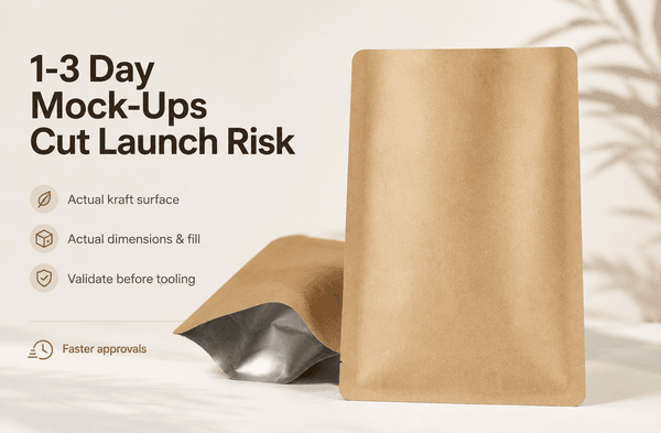 Hand-made high-fidelity kraft 3-side seal pouch mock-up next to printed proof daylight studio shot