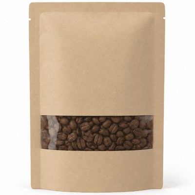 Kraft pouch with full-width horizontal strip window showing whole coffee beans