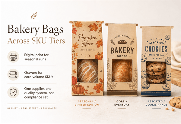 Bakery counter scene with branded kraft pastry and cookie bags across SKU tiers
