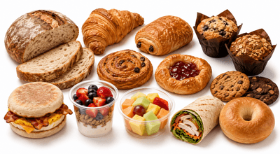 Bakery counter with branded kraft SOS bags for bread, pastries, and grab-and-go items
