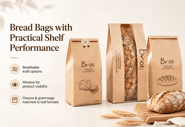 Kraft bread bags lined up on a bakery counter with window patches
