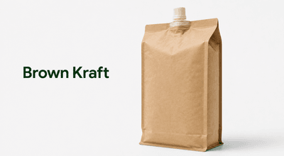 Brown kraft flat bottom spout pouch standing upright on a natural wood surface