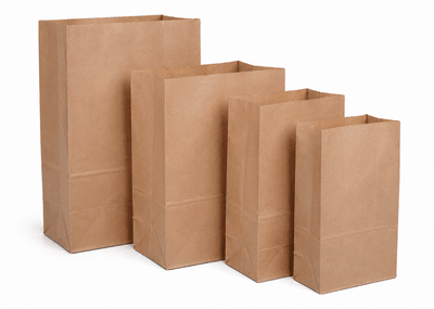 Brown kraft SOS bag with natural brown paper finish standing upright on a wooden surface