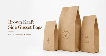 Brown kraft side gusset bag with natural paper texture and heat-sealed bottom gusset