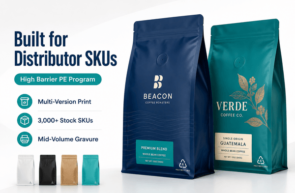 High barrier PE pouch program built for distributor SKU portfolios with multi-version digital printing