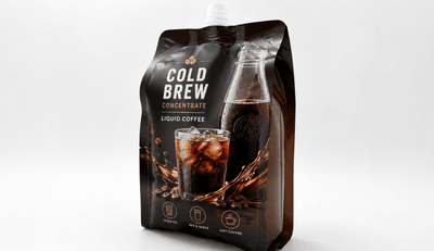 Cold brew coffee concentrate kraft quad seal spout pouch on a cafe counter
