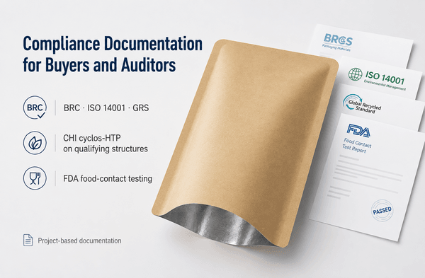 Test report folder with BRC ISO 14001 GRS and CHI cyclos-HTP certificate covers visible