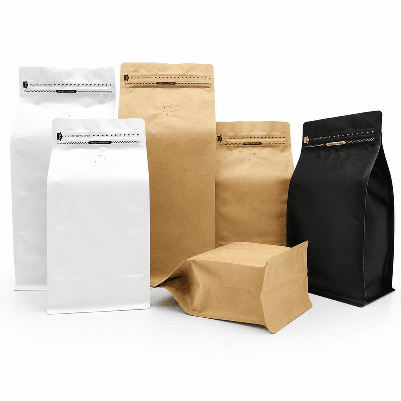 Custom kraft flat bottom pouches for coffee, pet food, snacks, and premium dry goods with box-bottom shelf presentation
