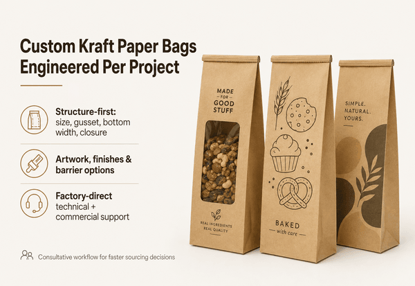 Engineering drawing overlay on a custom-printed kraft SOS bag