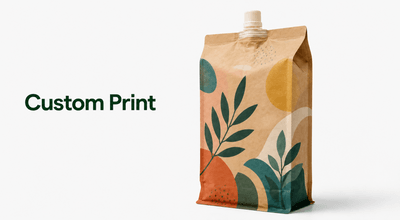 Custom printed kraft flat bottom spout pouch showing full-surface branded artwork