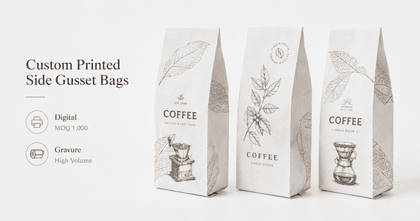 Custom printed kraft side gusset bag with full-color brand logo and artwork via digital or gravure printing