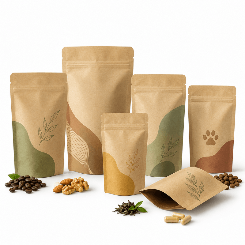 Custom recyclable kraft stand up pouches for premium retail packaging