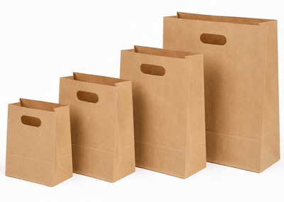 Die-cut kraft SOS bag with custom-shaped handle cutout and unique structural design