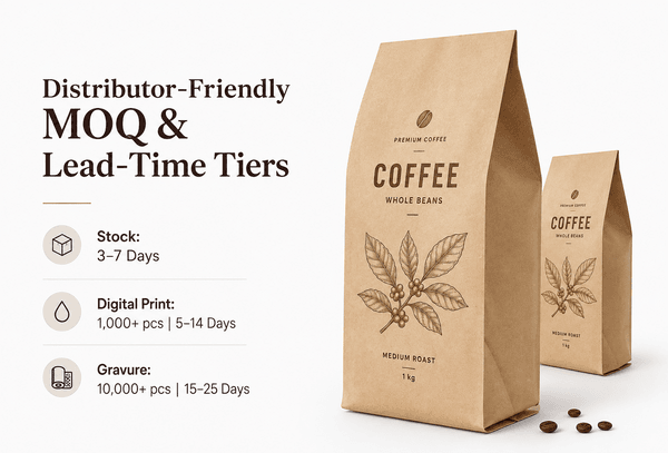 Kraft side gusset bags lineup for coffee, pet food, and nut applications