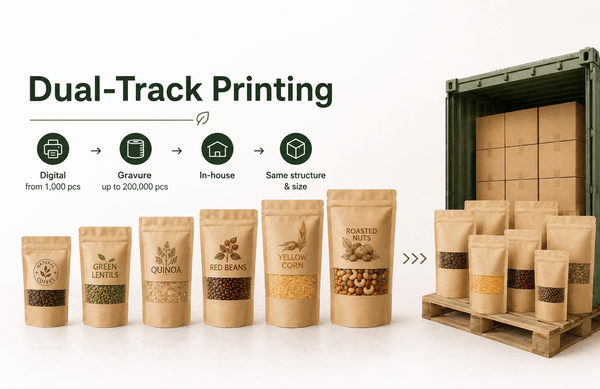HP Indigo 25K digital printing run of multi-version kraft coffee pouches