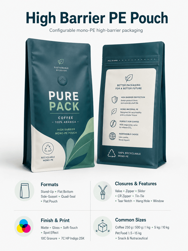 PouchEco high barrier PE pouch stand-up format with degassing valve, custom matte print, zipper, and tear notch held by gloved hand