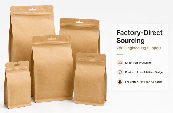 Production line operator inspecting kraft flat bottom pouches at PouchEco factory