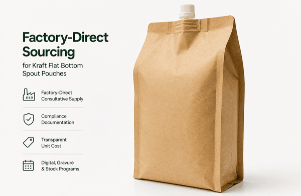 Factory floor image showing flat bottom pouch line with kraft material rolls