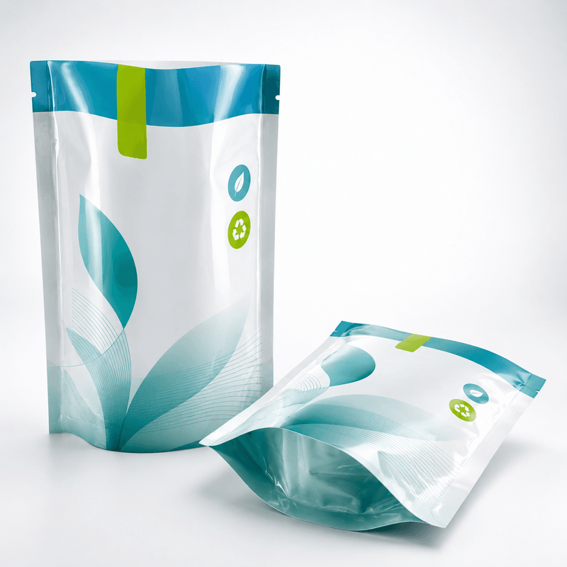 Multi-format high barrier PE pouches -- coffee stand-up pouch with valve, pet food flat-bottom pouch, snack quad-seal bag -- arranged on a clean studio surface