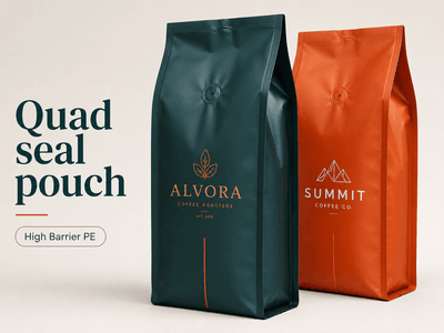 Quad-seal high barrier PE pouch on retail shelf for granola application