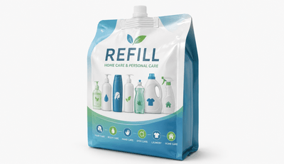 Personal care liquid refill kraft quad seal spout pouch on a bathroom shelf