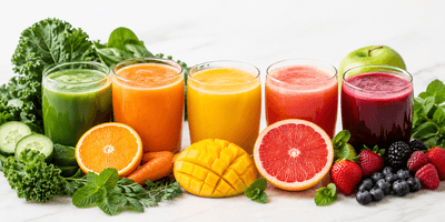 Flat bottom spout pouch filled with cold-pressed juice on a refrigerator shelf