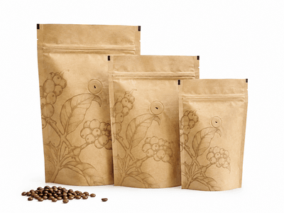 Kraft coffee bag with degassing valve and flat-bottom construction