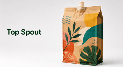 Kraft flat bottom spout pouch with a centered top-mounted spout and screw cap