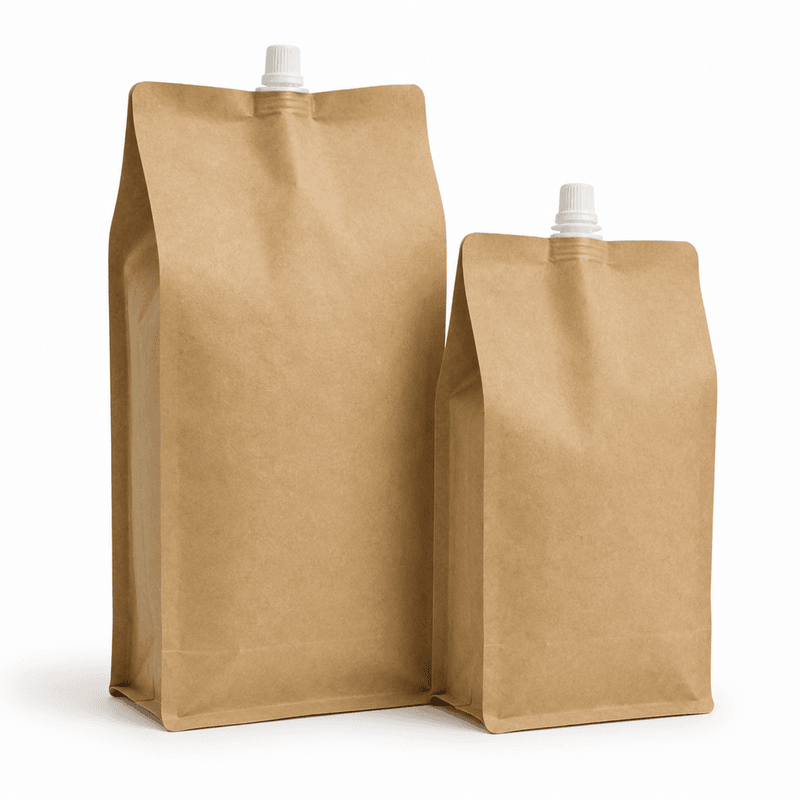Kraft flat bottom spout pouches for liquid and refill packaging