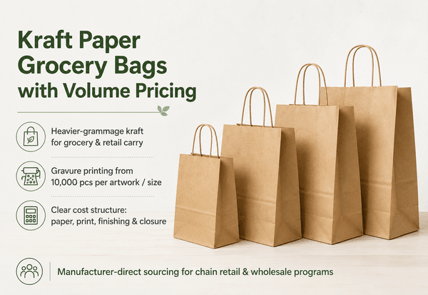 Heavy-grammage kraft grocery bags stacked at retail back-of-house